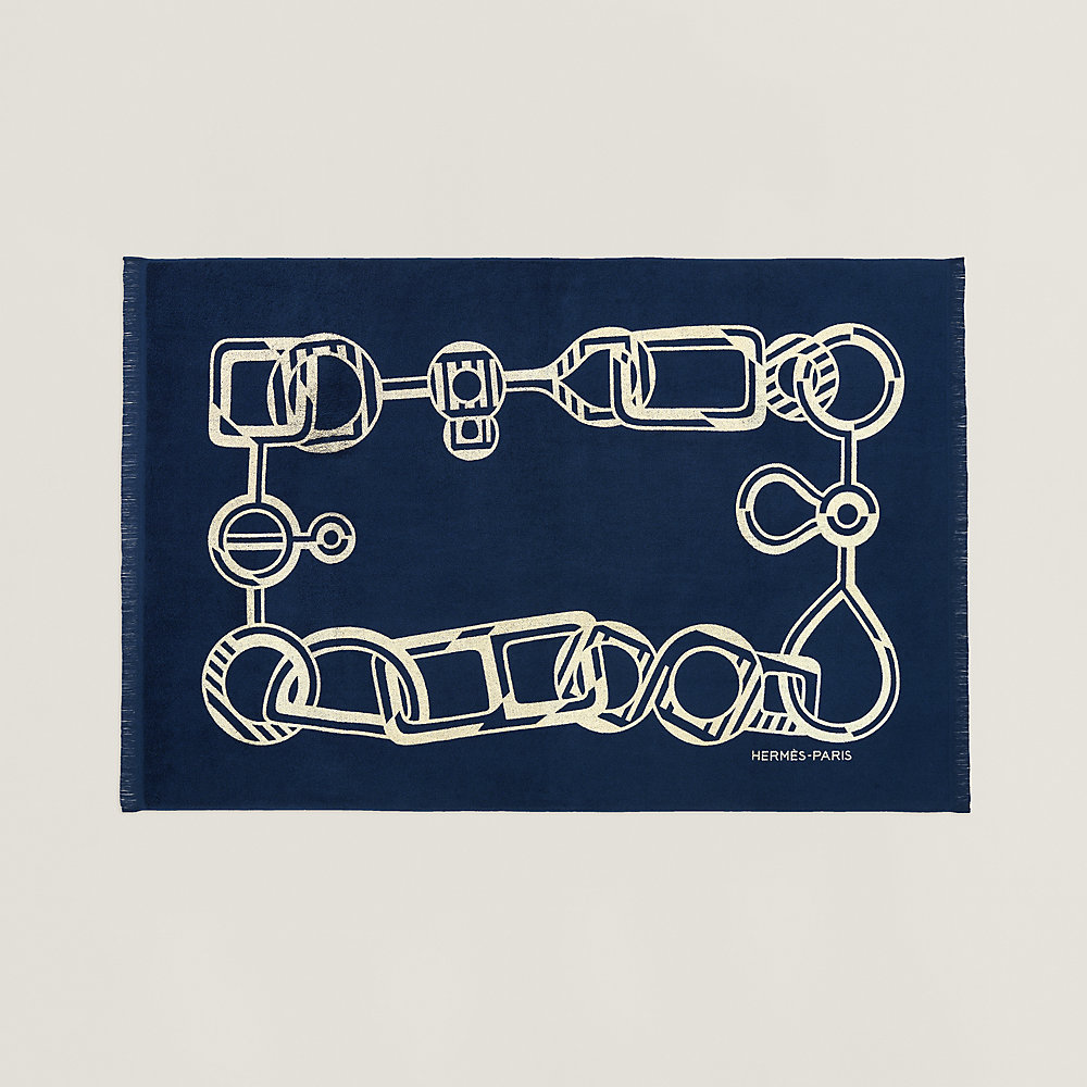 Serviette De Plage HERMES Yachting – Coton Frangé, Motif Tatouage/Boucle Doré, Immaculée